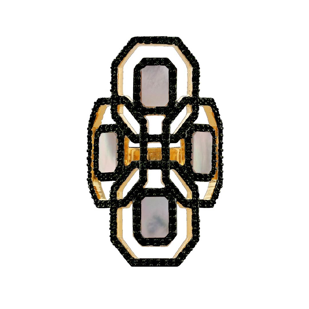 Carol Brodie Juno Shield Ring Noir - Black Spinel & Mother of Pearl